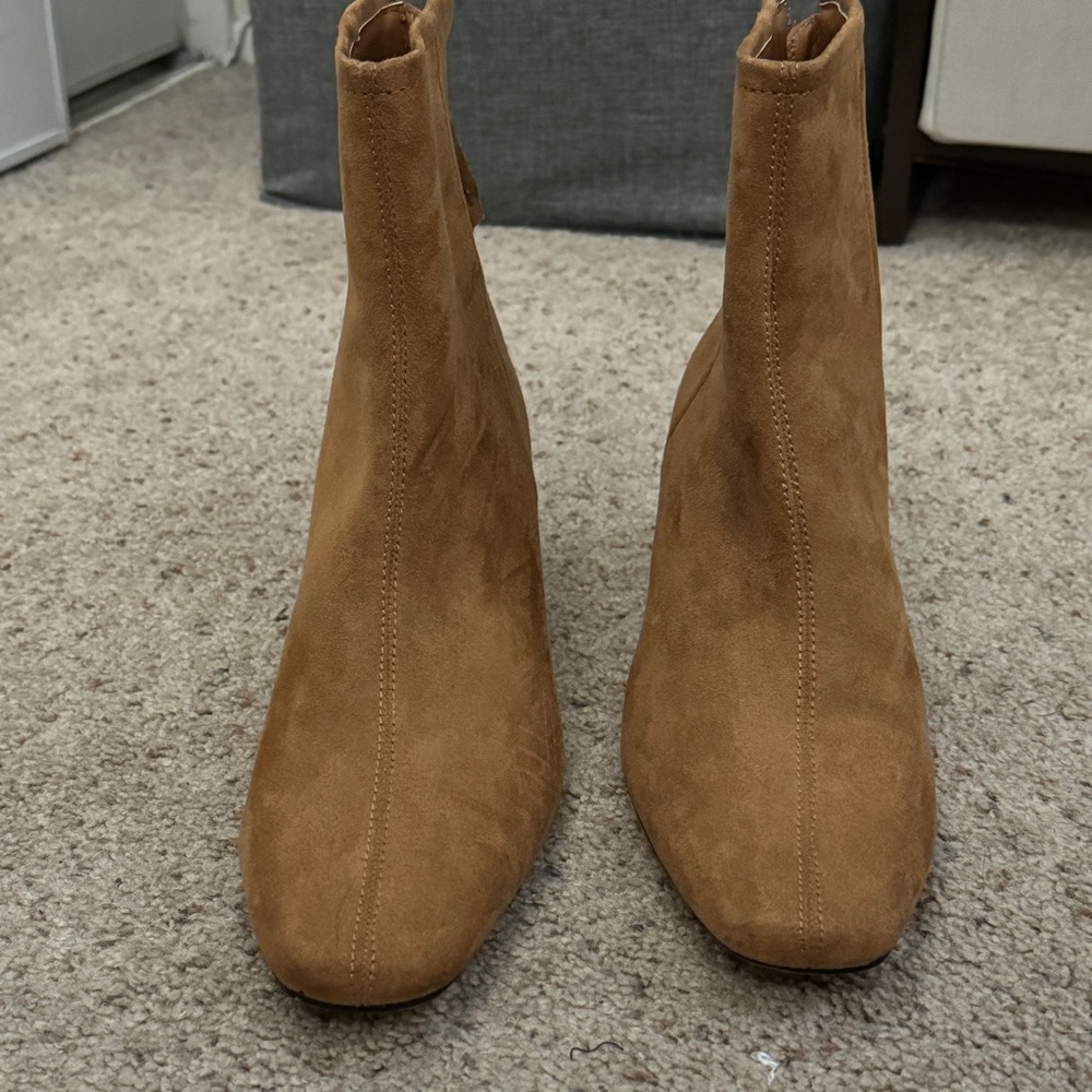 Lulus Square Toed Block Heel Camel Color Suede Ankle Boots - Picture 15 of 16